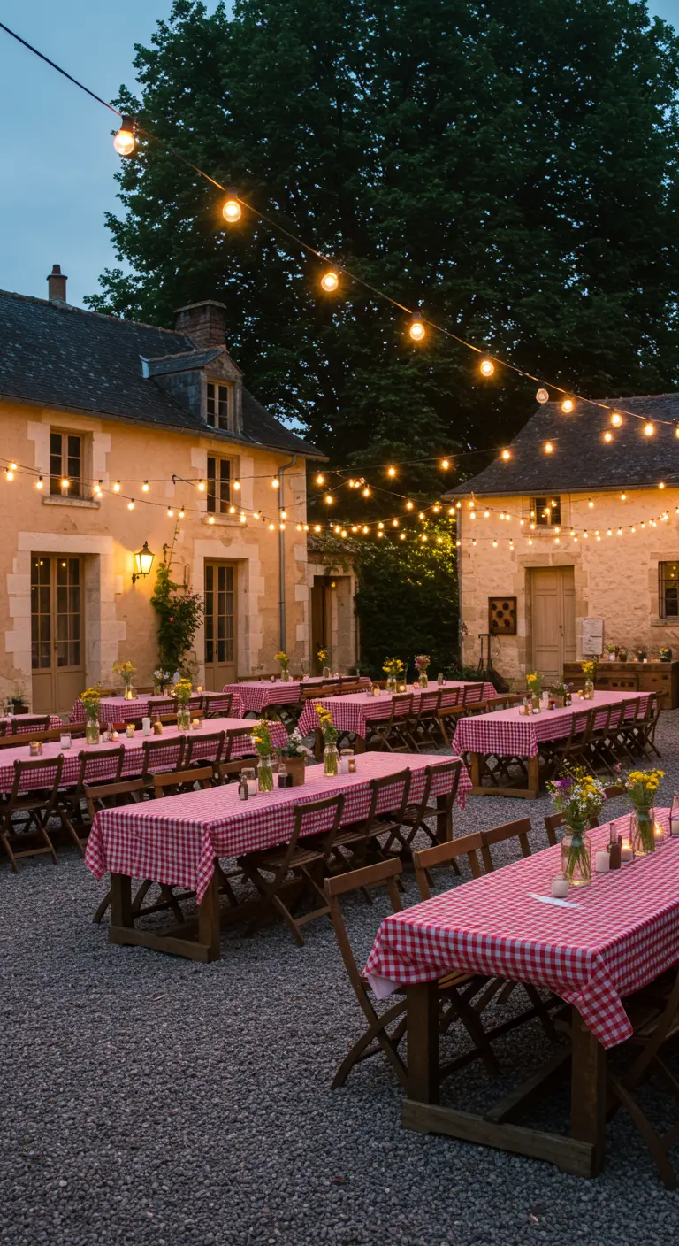 Cour de ferme avec tables de banquet sous des guirlandes lumineuses au crépuscule.