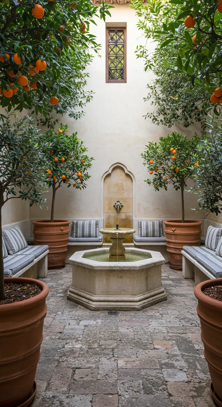 Cour intérieure avec une fontaine centrale et des orangers en pot.