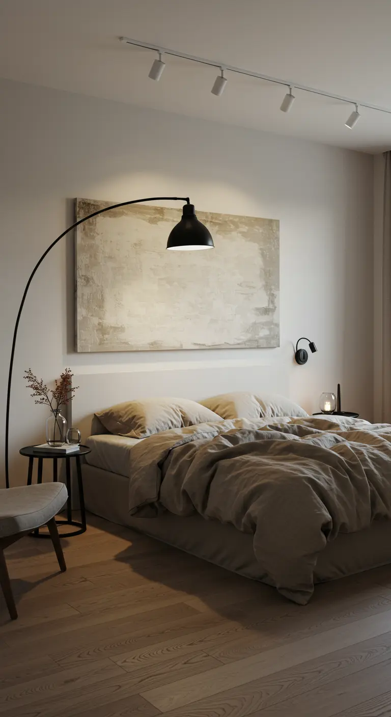 Chambre minimaliste avec un grand lampadaire arc noir au-dessus du lit.