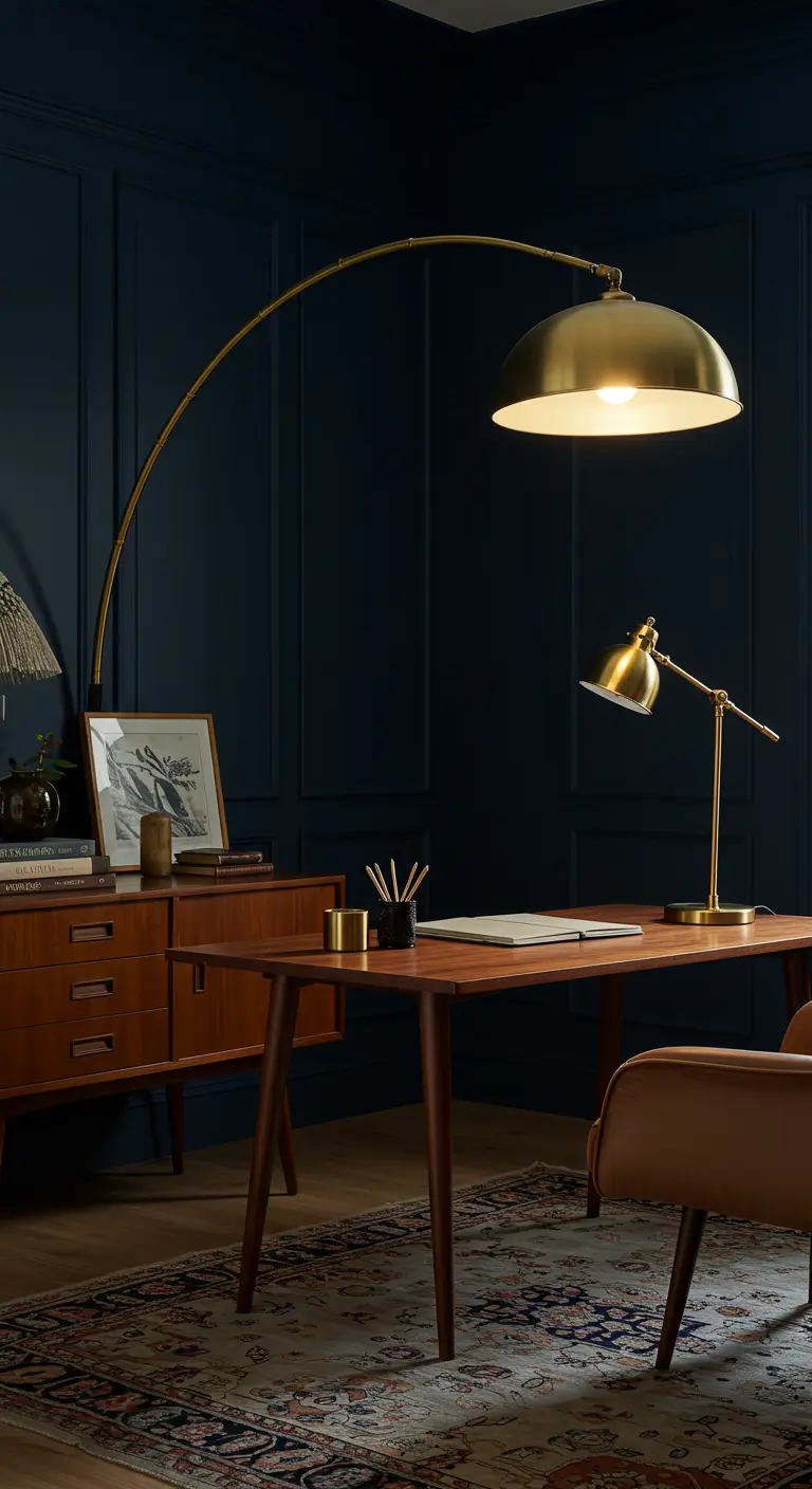 Bureau mid-century en bois éclairé par un grand lampadaire arqué en laiton.