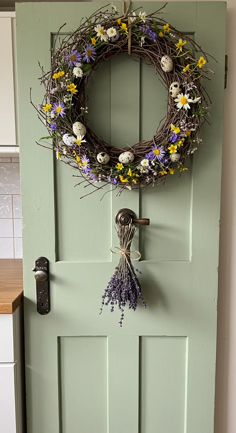 Porte verte avec une grande couronne de Pâques rustique faite de fleurs et d'œufs.