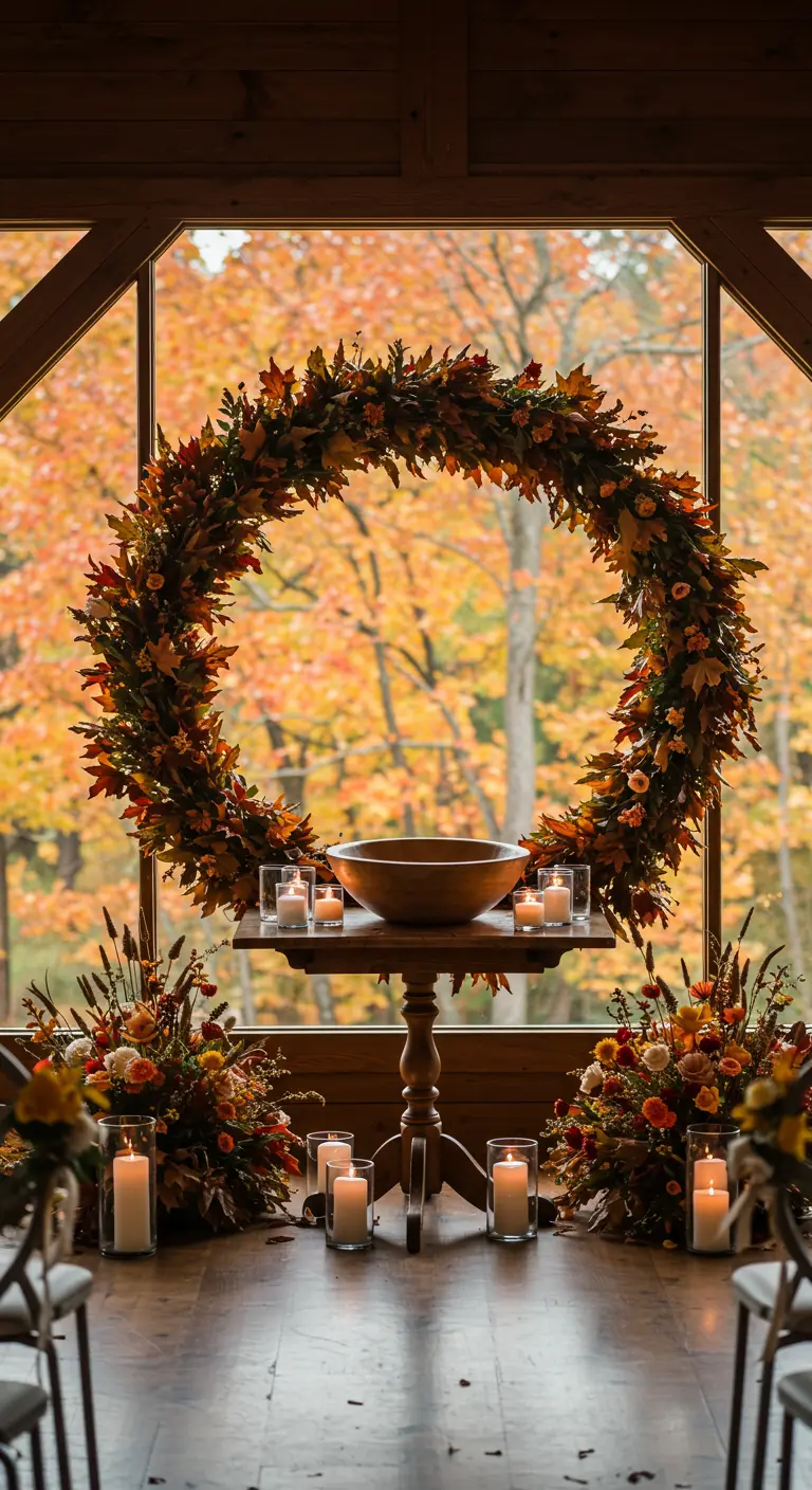 Grande couronne de feuilles d'automne comme décor de cérémonie devant une fenêtre.