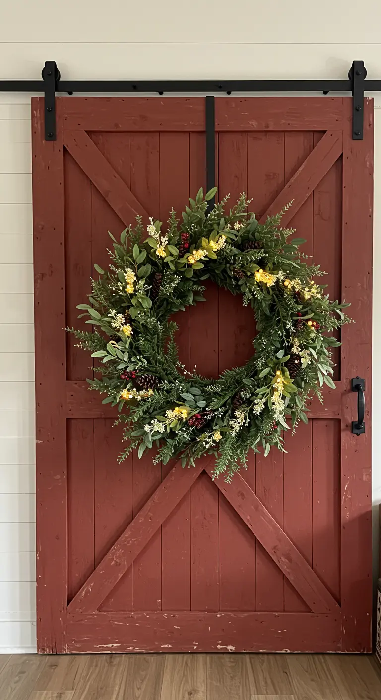 Couronne de Noël avec des touches de lumière, accrochée sur une porte de grange rouge.