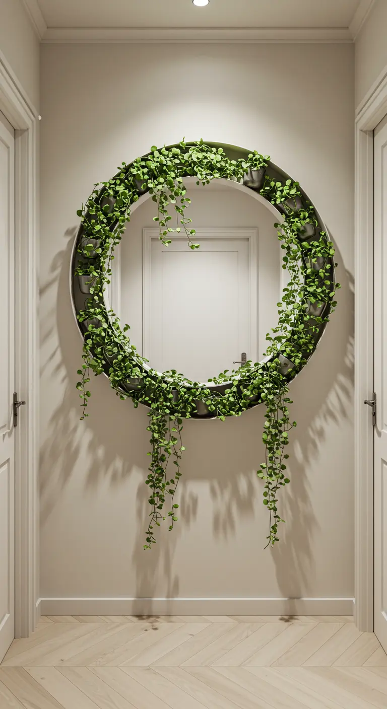 Une grande jardinière circulaire blanche accrochée au mur, débordant de plantes retombantes vertes.