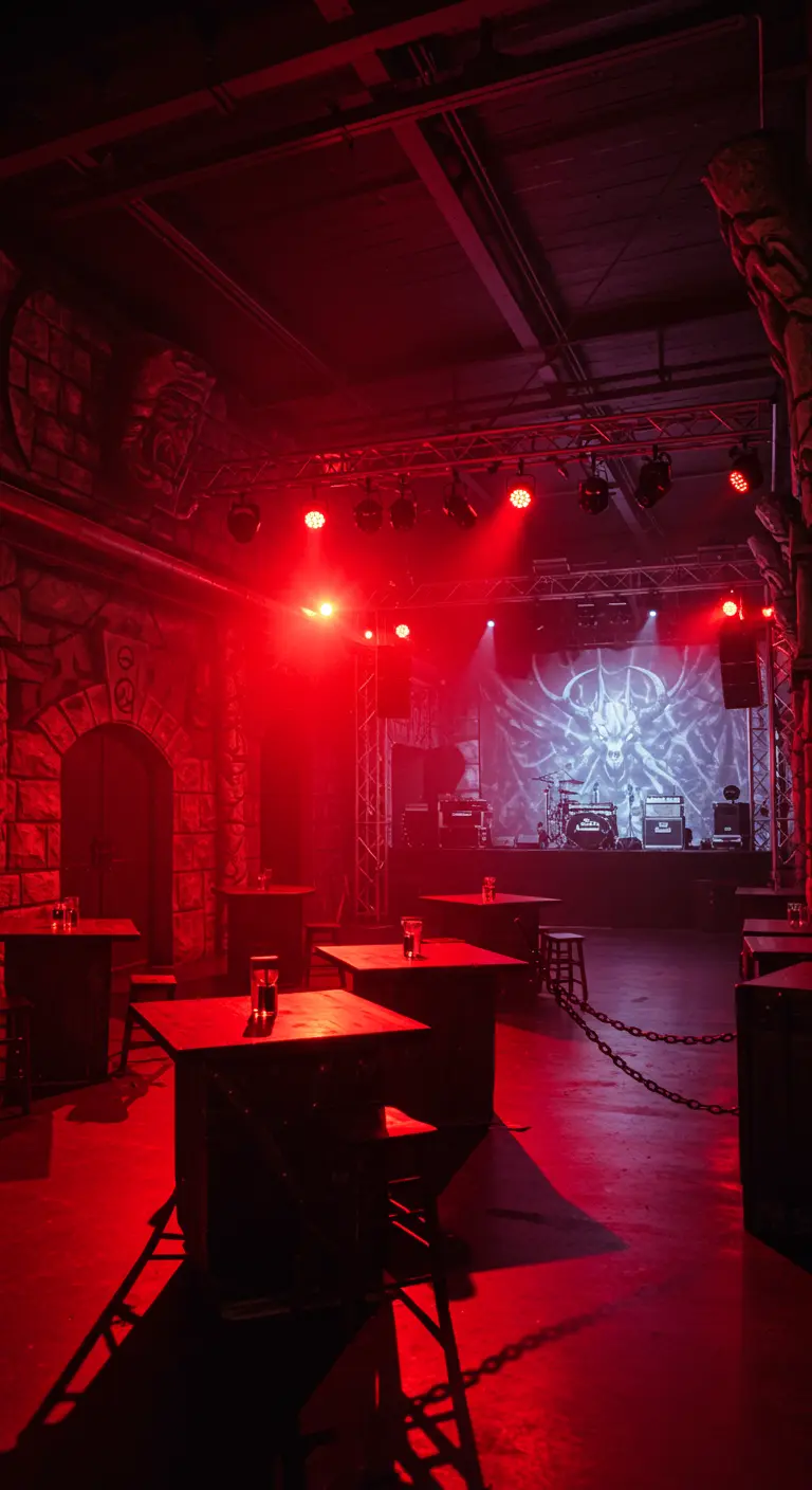 Salle de concert sombre éclairée en rouge pour une ambiance heavy metal.