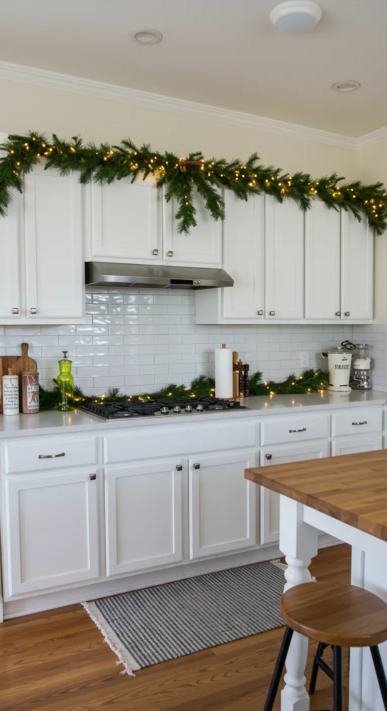 Cuisine blanche avec des guirlandes de sapin lumineuses posées sur les placards.