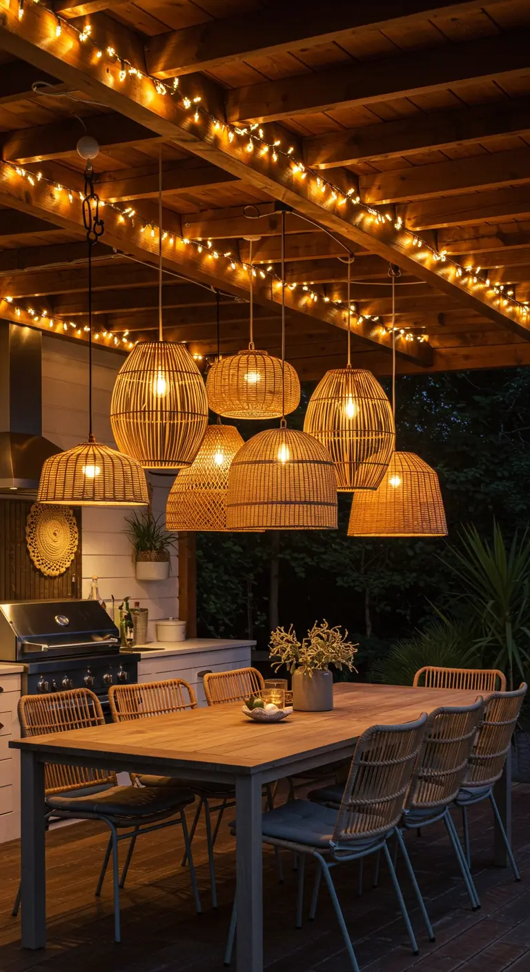 Cuisine d'extérieur avec table à manger sous un plafond en bois éclairé par des guirlandes et des suspensions en rotin.