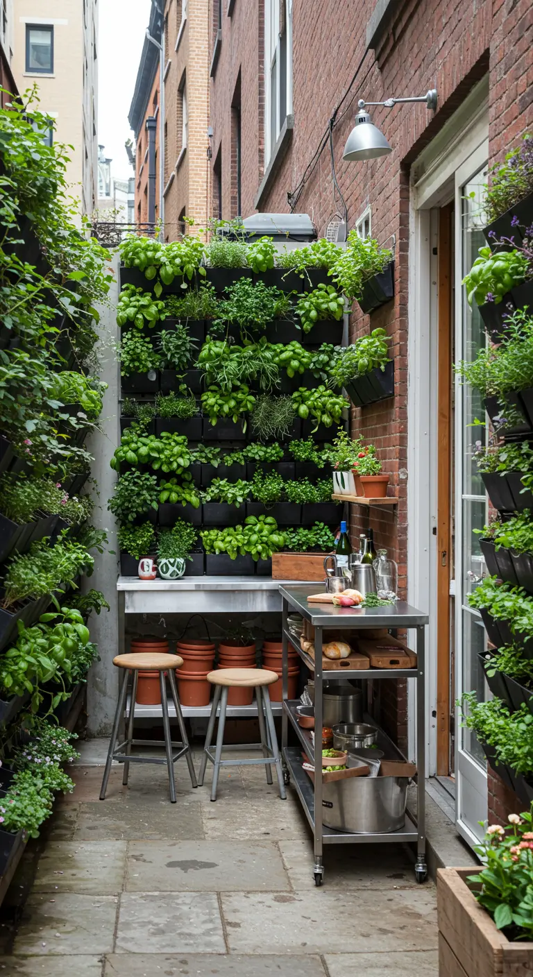 Mur végétal rempli d'herbes aromatiques à côté d'une desserte en inox dans une cour étroite.