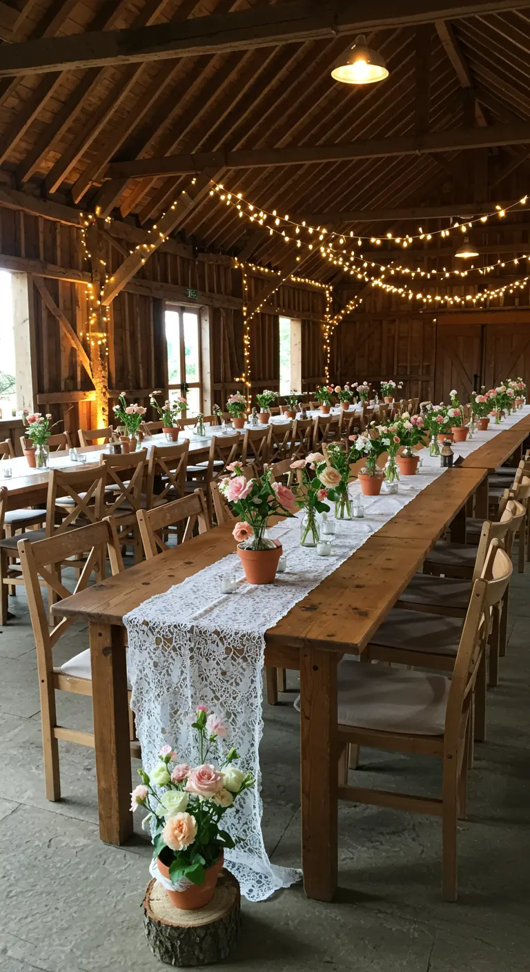 Longues tables en bois dans une grange, décorées de dentelle et de roses en pots.