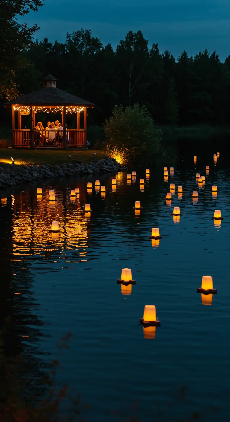 Lac avec des lanternes LED flottantes et un gazebo éclairé en arrière-plan.