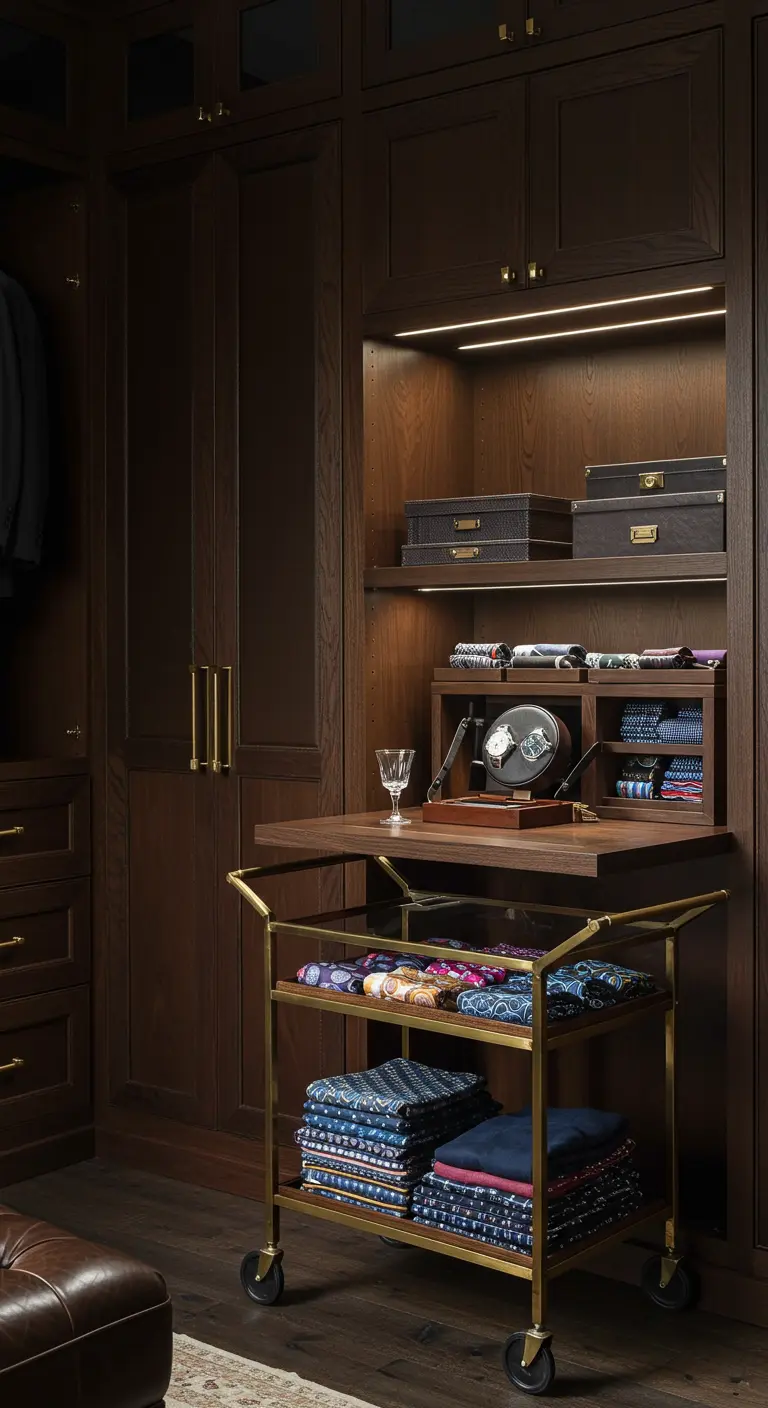 Desserte de bar dorée utilisée pour ranger des accessoires dans un dressing en bois.