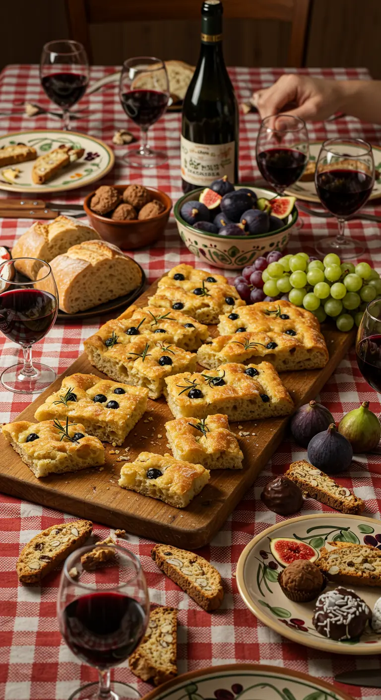 Repas italien convivial avec grande planche de focaccia, raisins, figues et vin rouge.