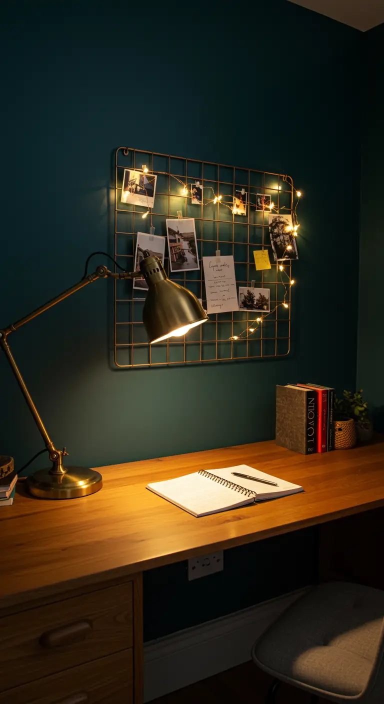 Bureau avec lampe de travail dorée et guirlande lumineuse sur un mur bleu.
