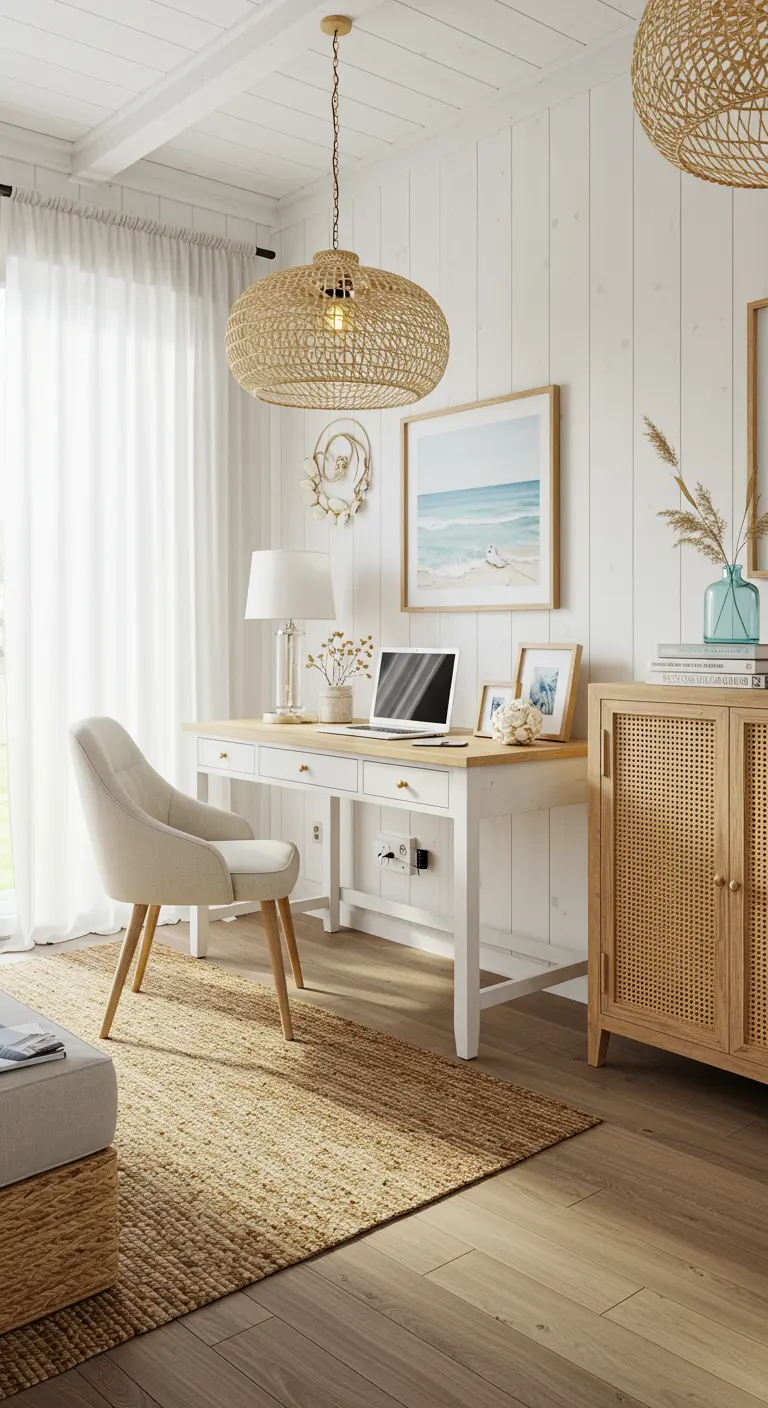 Bureau scandinave blanc et bois avec tapis en jute et suspension en rotin