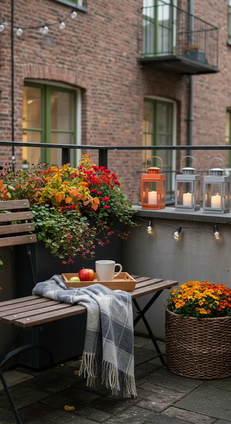 Balcon avec un petit banc, un plaid, des fleurs d'automne et des lanternes sur le muret.