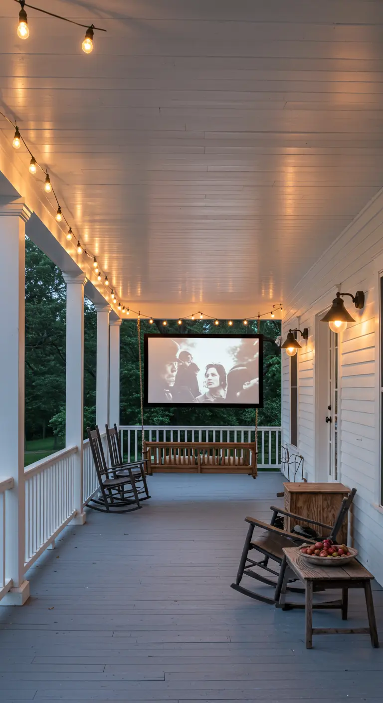 Un porche en bois avec des rocking-chairs et un écran de cinéma suspendu.