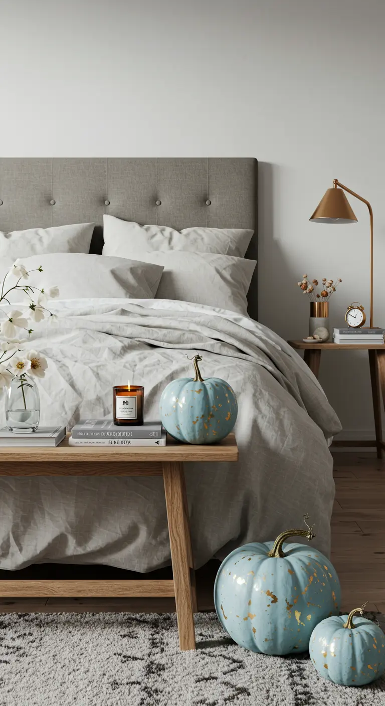 Chambre avec un lit aux draps gris et des citrouilles bleu clair avec des éclats dorés posées au sol.