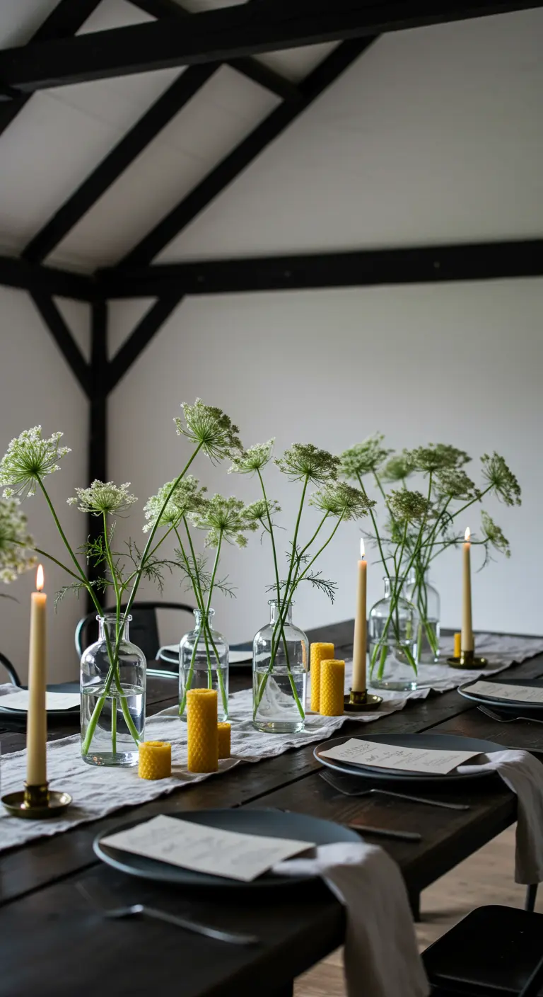 Carottes sauvages dans des vases et bougies sur une table sombre.