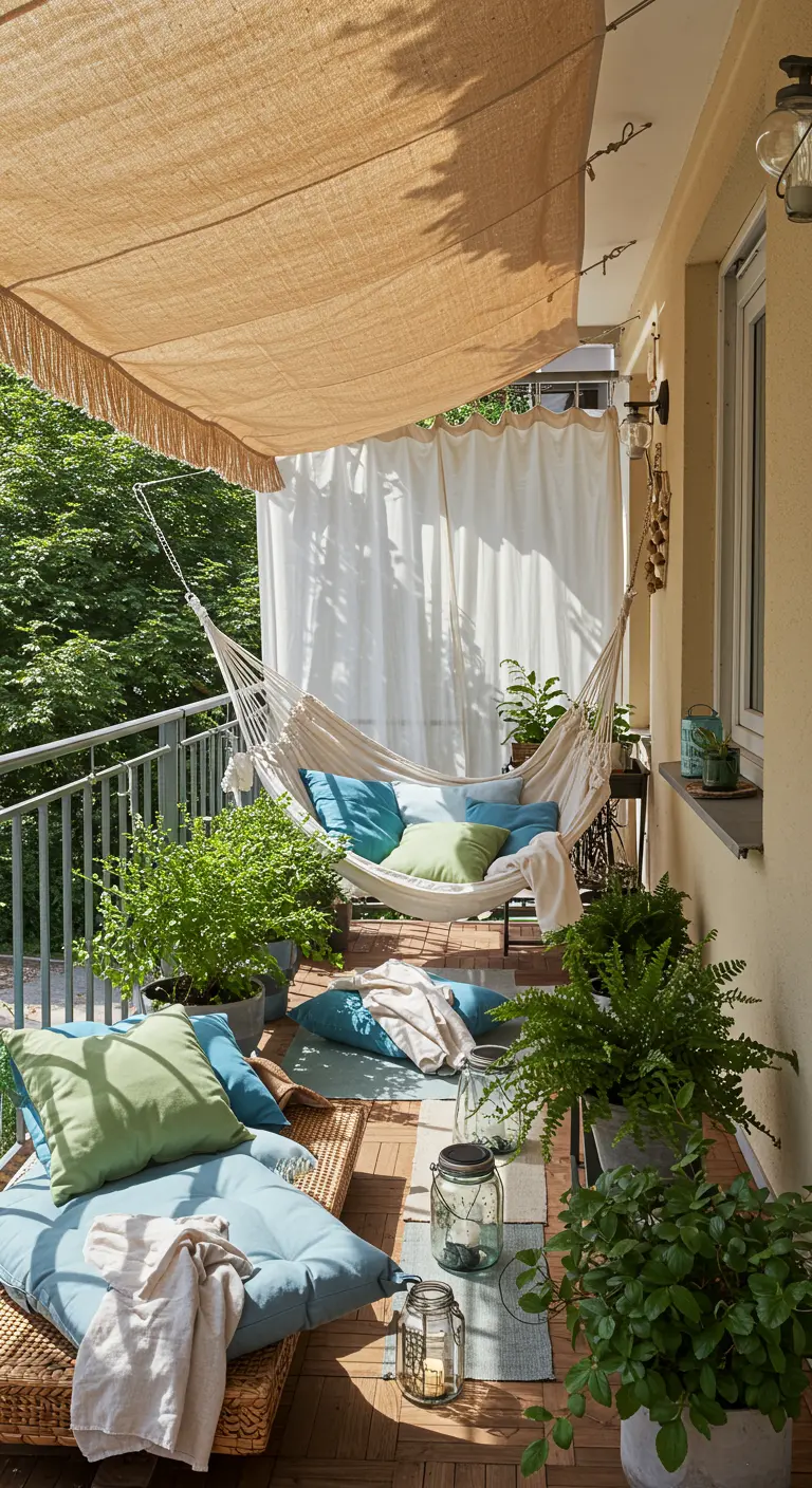 Balcon avec hamac en coton, coussins colorés, voile d'ombrage, plantes et lanternes.