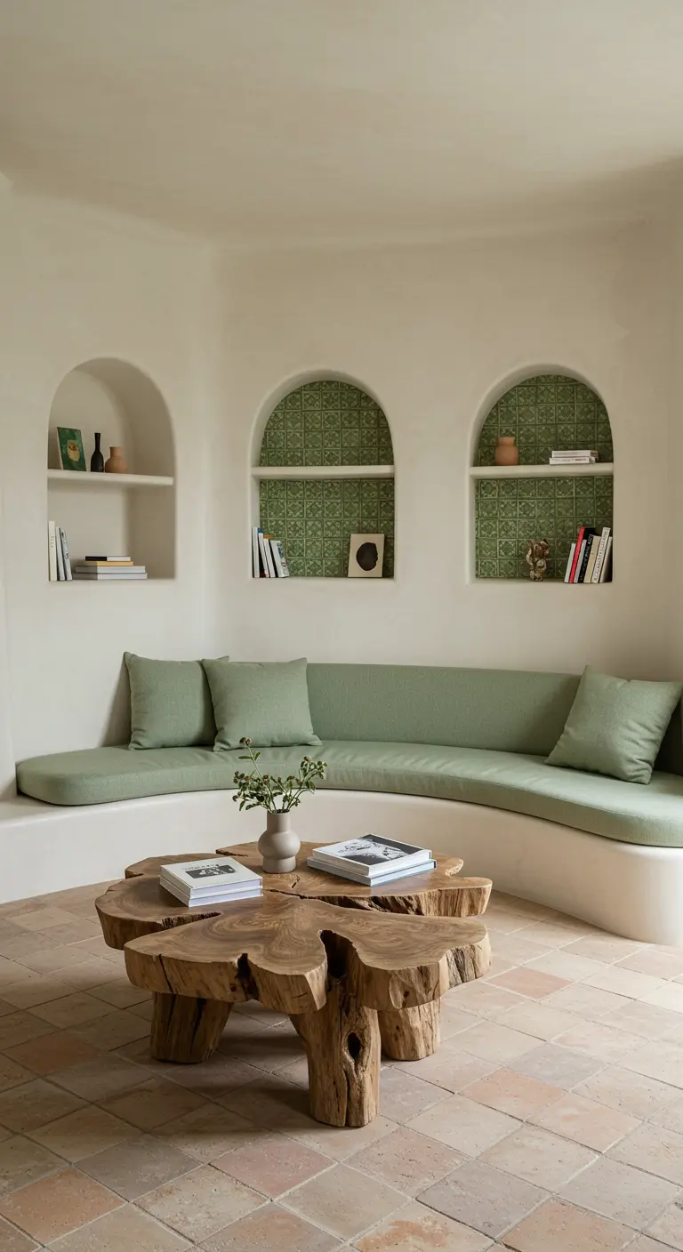 Salon avec banquette d'angle incurvée et niches avec carrelage vert.