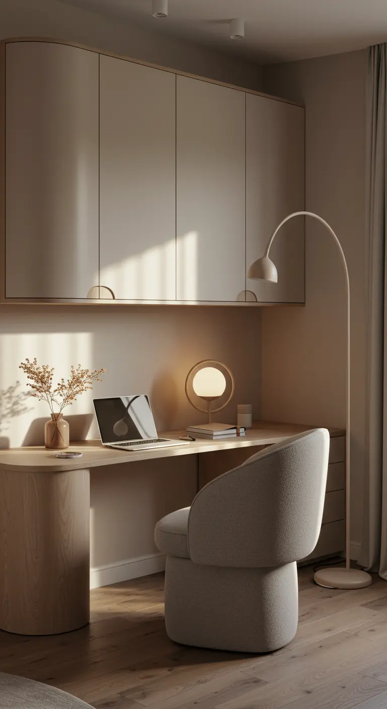 Bureau d'angle incurvé avec des rangements arrondis et un éclairage doux.