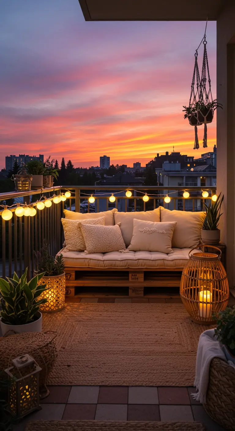 Balcon bohème avec canapé en palettes, guirlandes et coucher de soleil