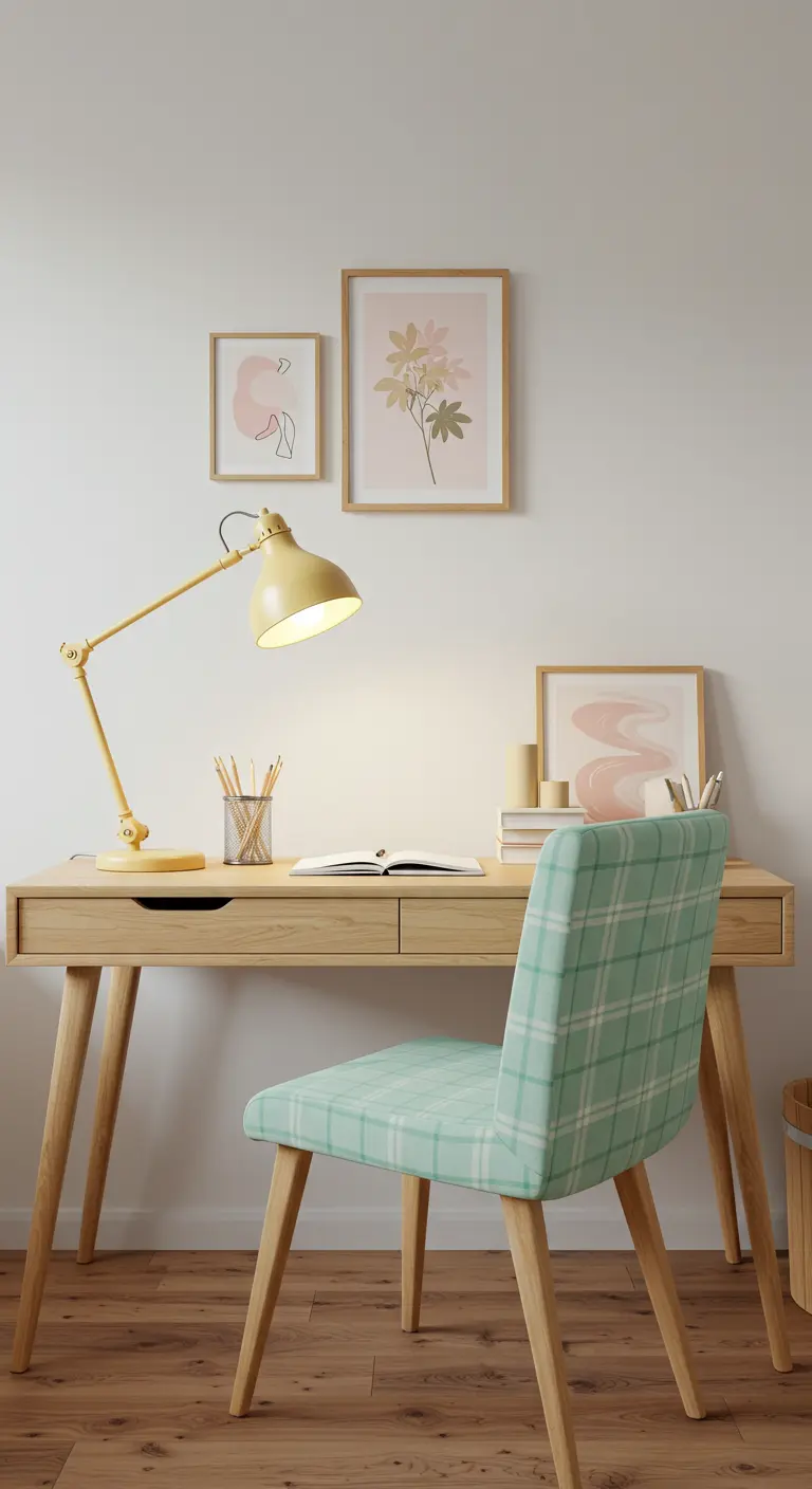 Bureau en bois de style scandinave avec une chaise à carreaux vert pastel et des cadres roses.