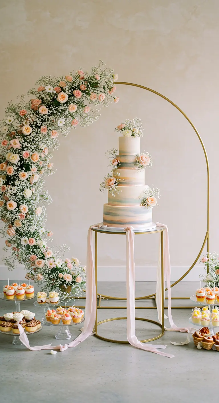 Arche circulaire dorée avec des fleurs roses encadrant un gâteau de mariage.