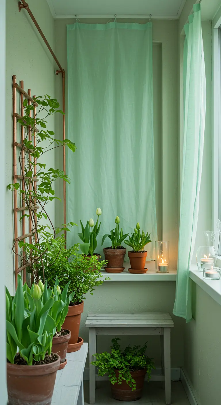 Balcon aux tons pastel avec des rideaux vert menthe et un treillis en cuivre.