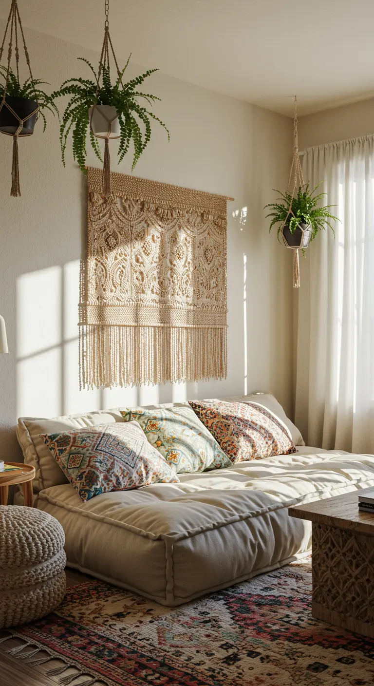 Grande tapisserie macramé beige suspendue sur un mur blanc, flanquée de plantes suspendues, au-dessus d'un canapé au sol.