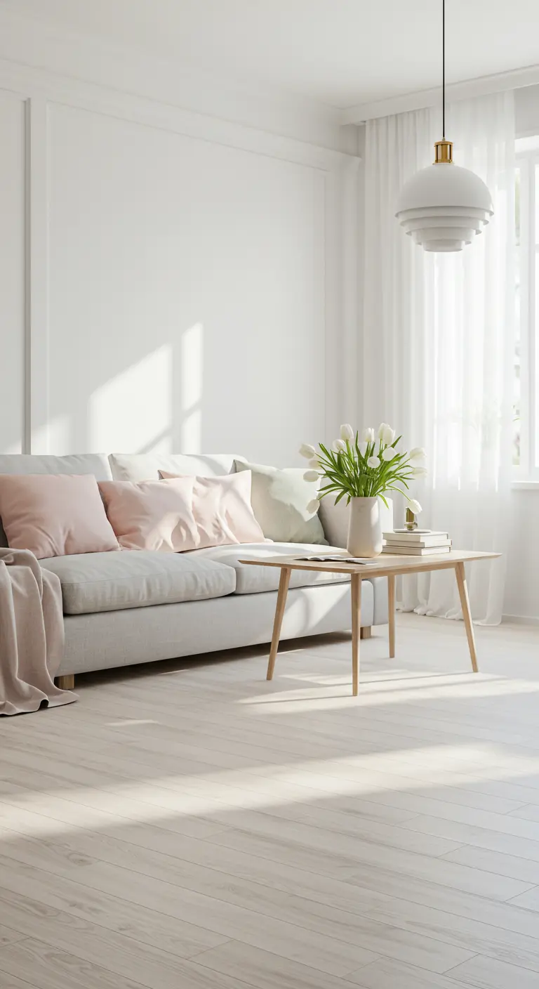 Salon minimaliste blanc avec canapé gris, coussins roses et tulipes blanches