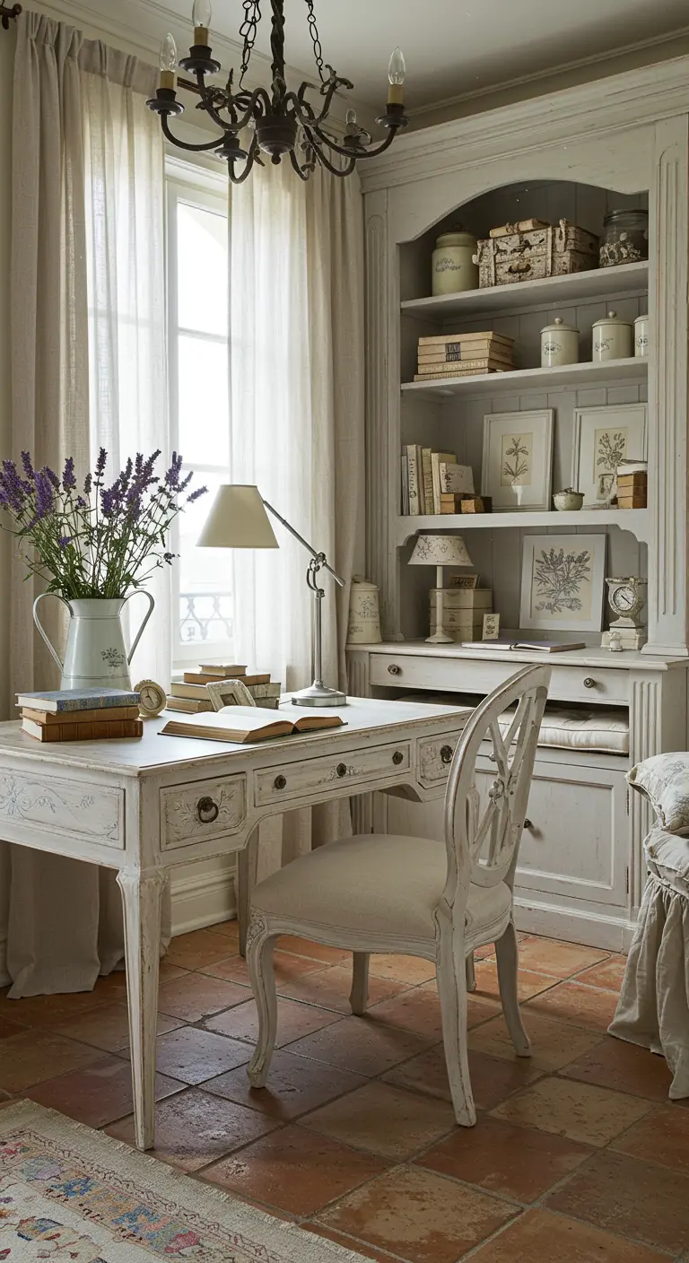 Bureau Shabby Chic blanc avec mobilier ancien, étagères et bouquet de lavande