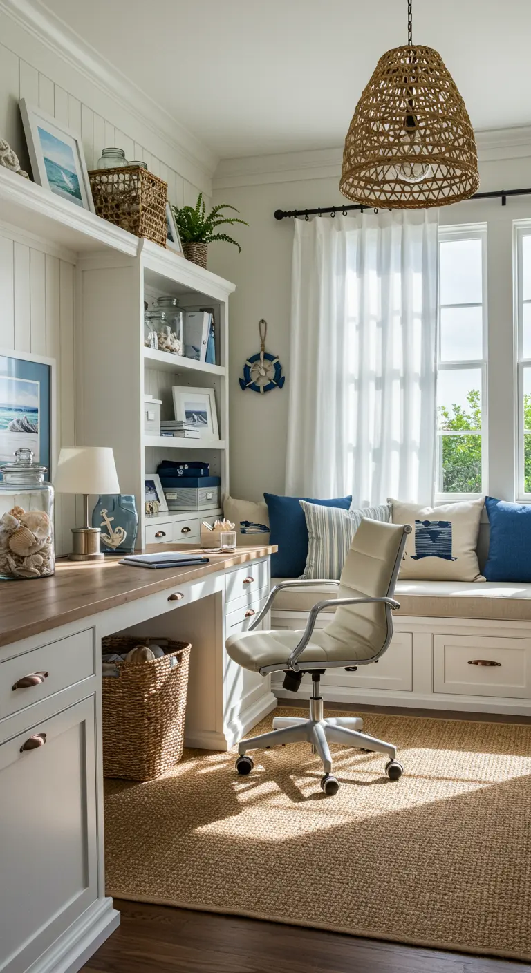 Bureau lumineux de style côtier avec fenêtre, étagères et rangement intégré