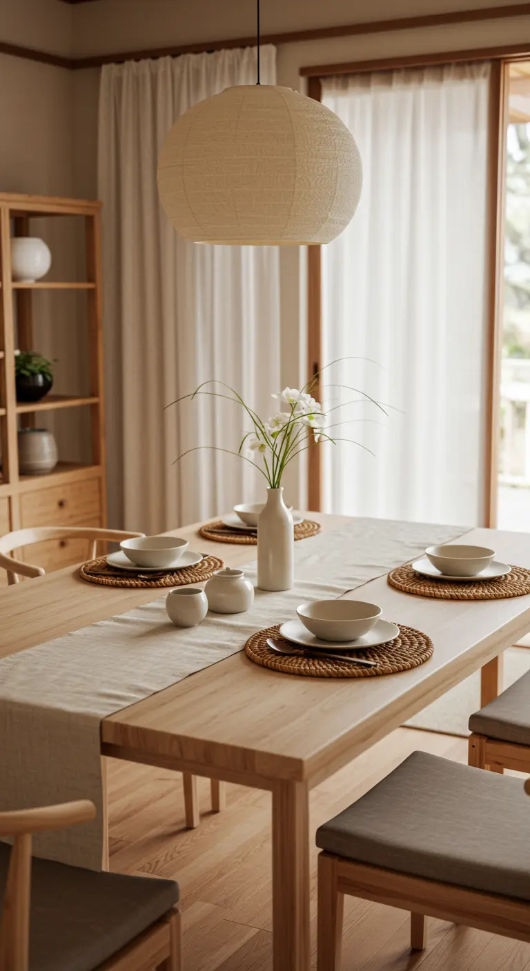 Table à manger en bois clair de style Japandi avec vaisselle blanche et sets de table en paille.