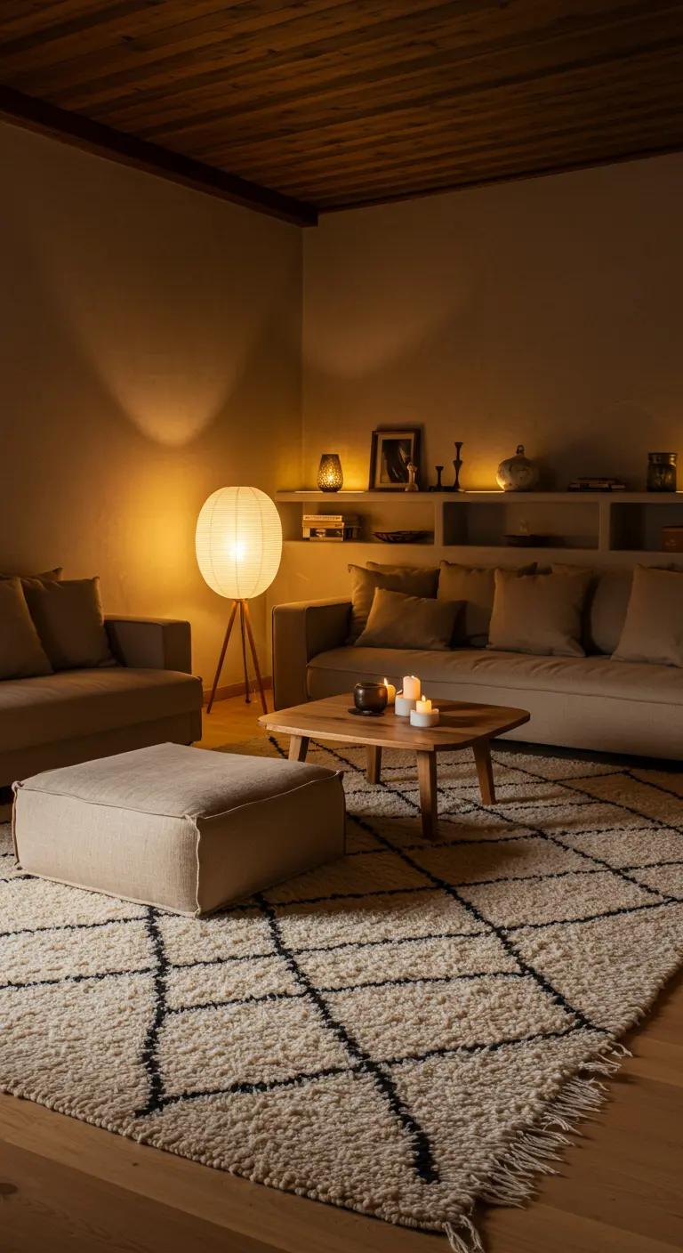 Salon minimaliste beige avec tapis berbère et lampe en papier de riz.