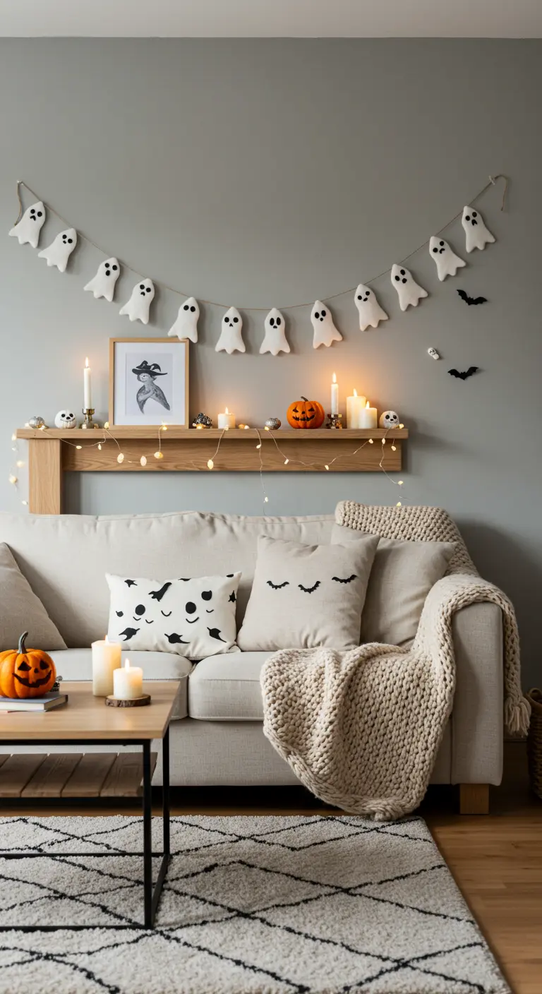 Un salon cosy avec un canapé beige, décoré d'une guirlande de fantômes en feutrine au-dessus.