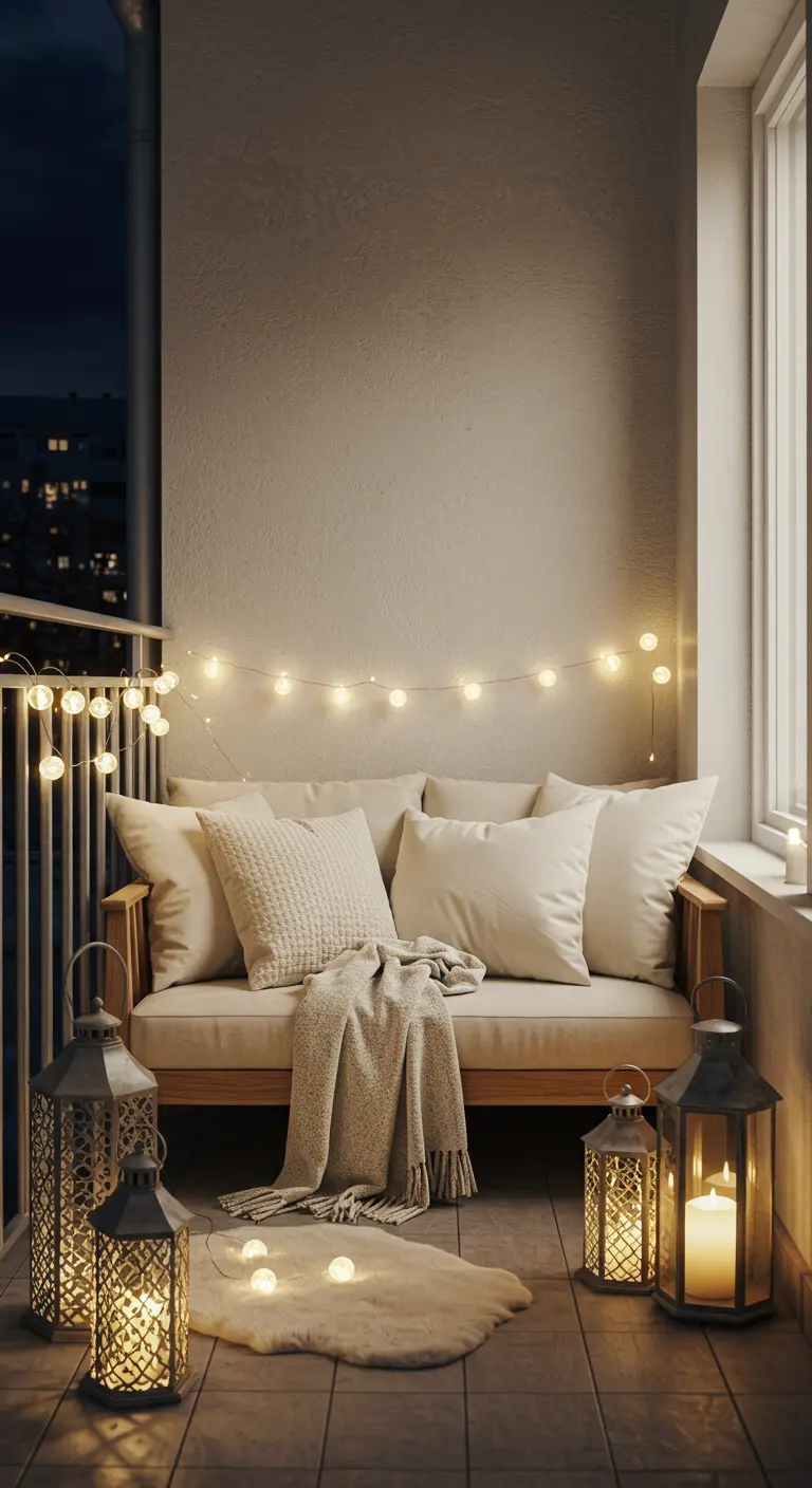 Balcon minimaliste avec canapé en bois clair, textiles blancs, guirlande et lanternes marocaines.