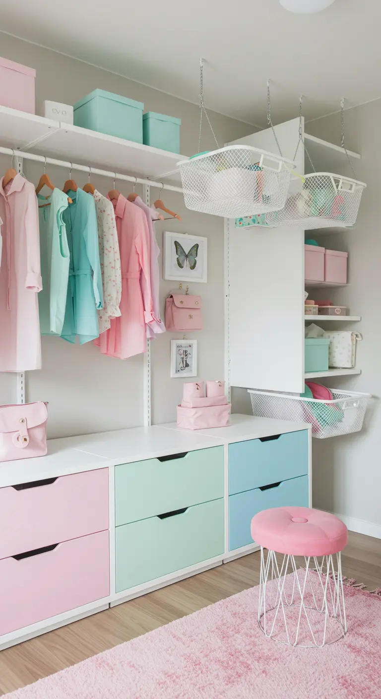 Rangement de dressing avec tiroirs pastel rose et vert d'eau et paniers suspendus blancs.