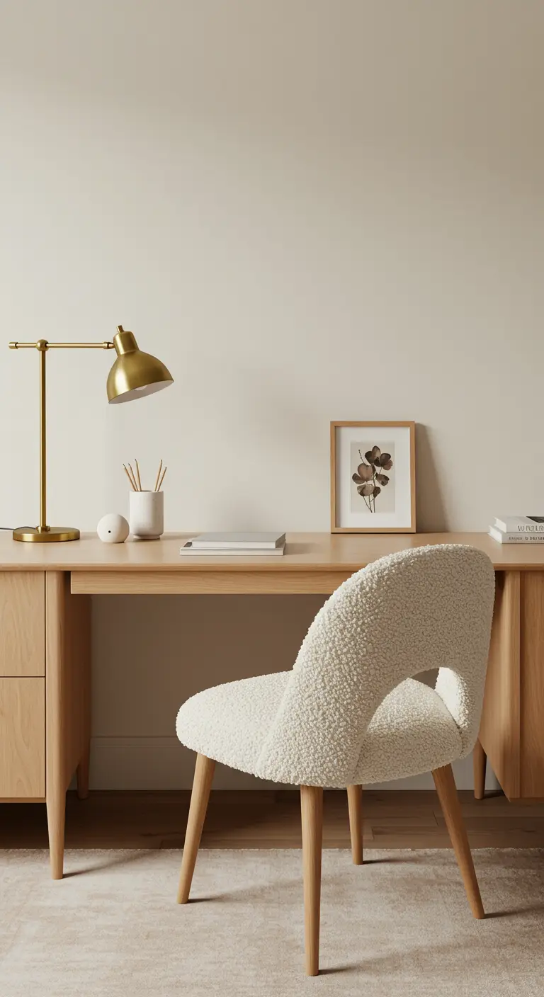 Bureau en bois clair avec une chaise confortable en tissu bouclé blanc.