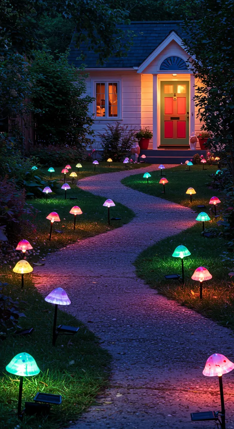 Chemin de gravier sinueux bordé de lumières solaires colorées en forme de champignons.