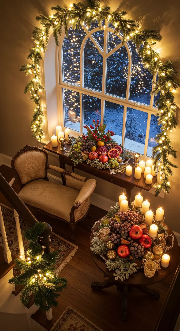 Fenêtre en arche encadrée d'une guirlande lumineuse, avec des bougies et des fruits.