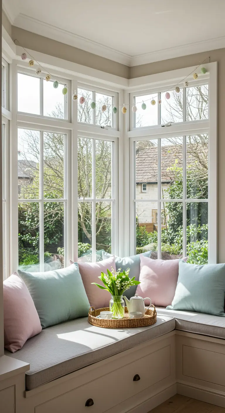 Banquette de fenêtre avec coussins pastel et guirlande d'œufs suspendue.