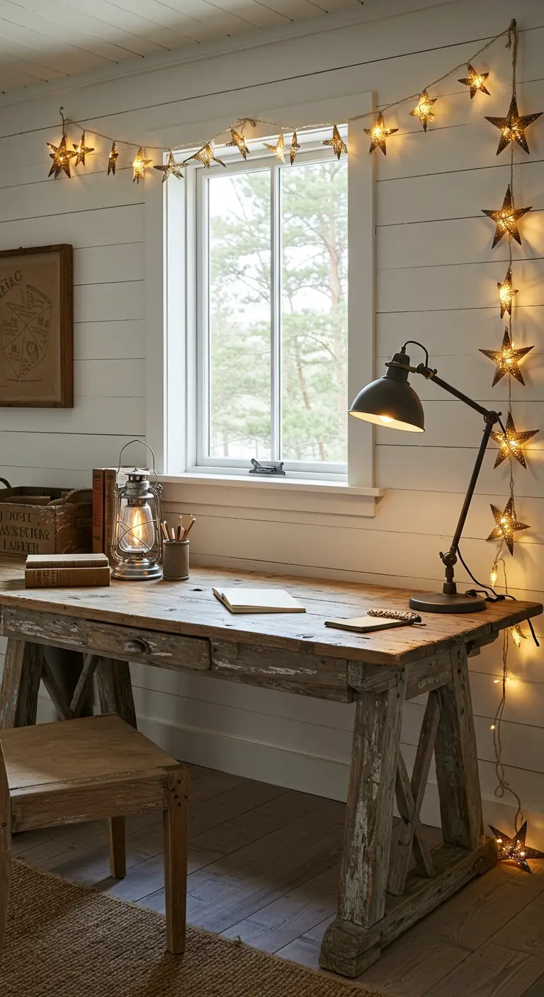 Bureau rustique en bois avec une guirlande lumineuse en forme d'étoiles autour de la fenêtre.