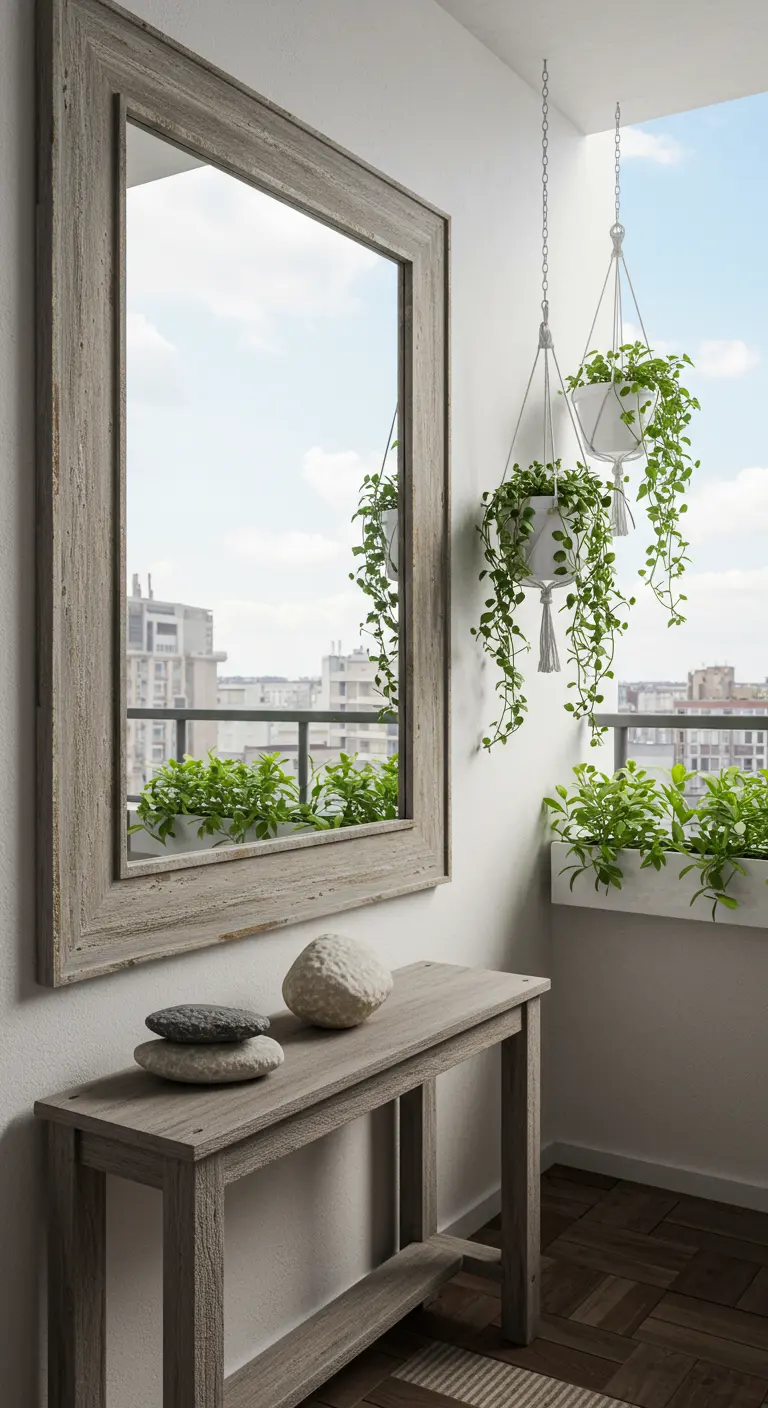 Grand miroir avec un cadre en bois vieilli sur un mur de balcon, reflétant le ciel.