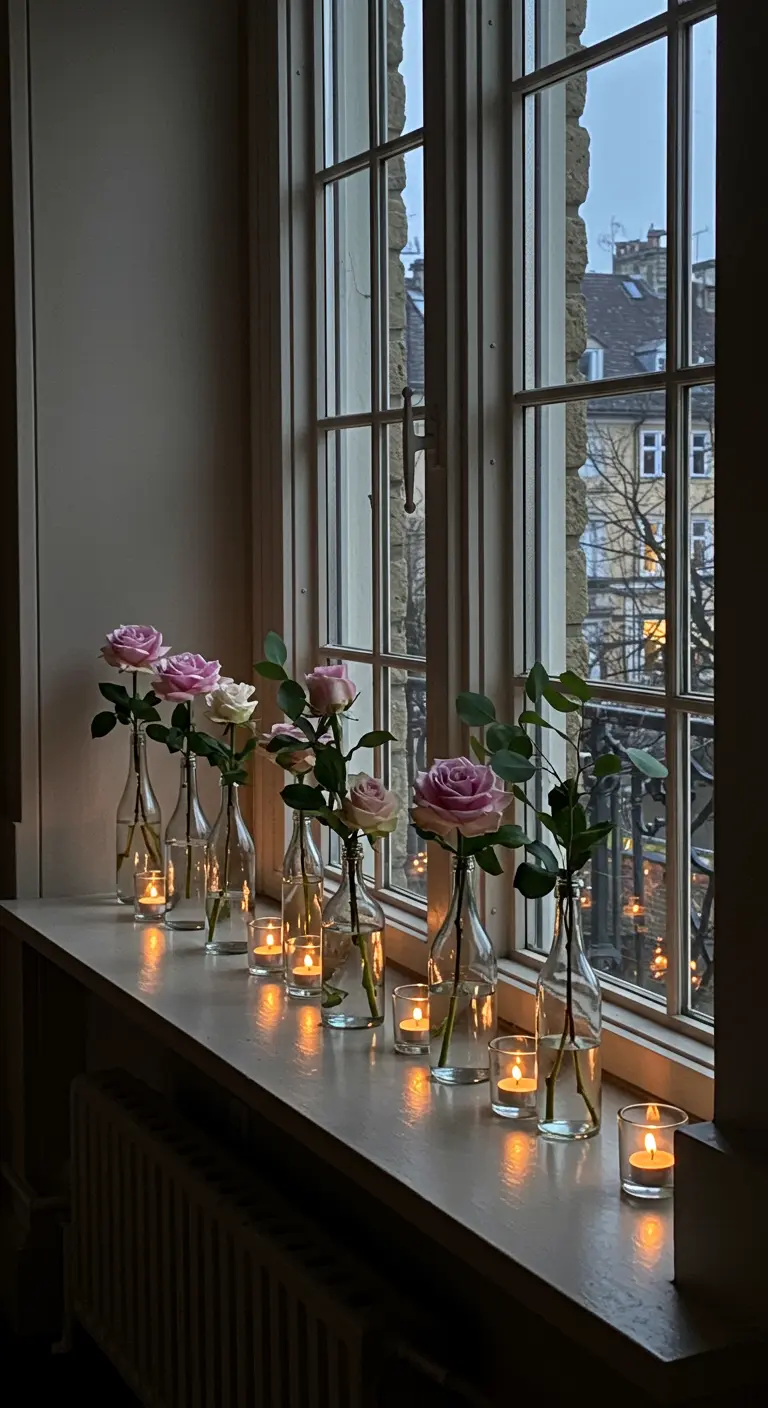 Rebord de fenêtre décoré avec des roses dans des soliflores et des bougies.