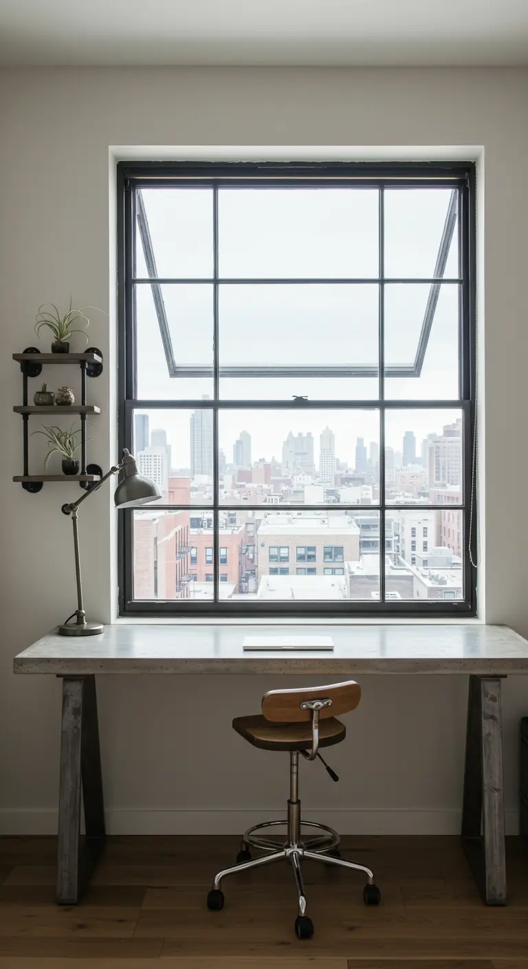 Bureau avec plateau en béton et pieds en acier, placé devant une grande fenêtre type verrière.