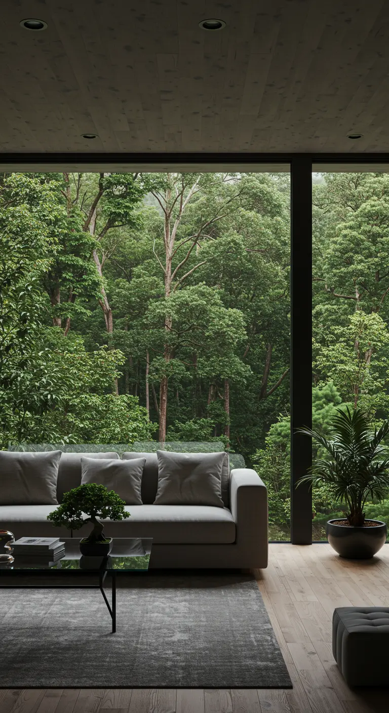 Salon moderne avec une immense baie vitrée donnant sur une forêt dense, canapé gris sobre.