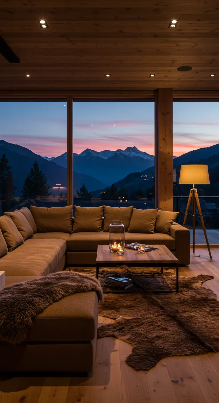 Salon moderne avec vue sur la montagne, canapé d'angle et tapis en fausse fourrure.