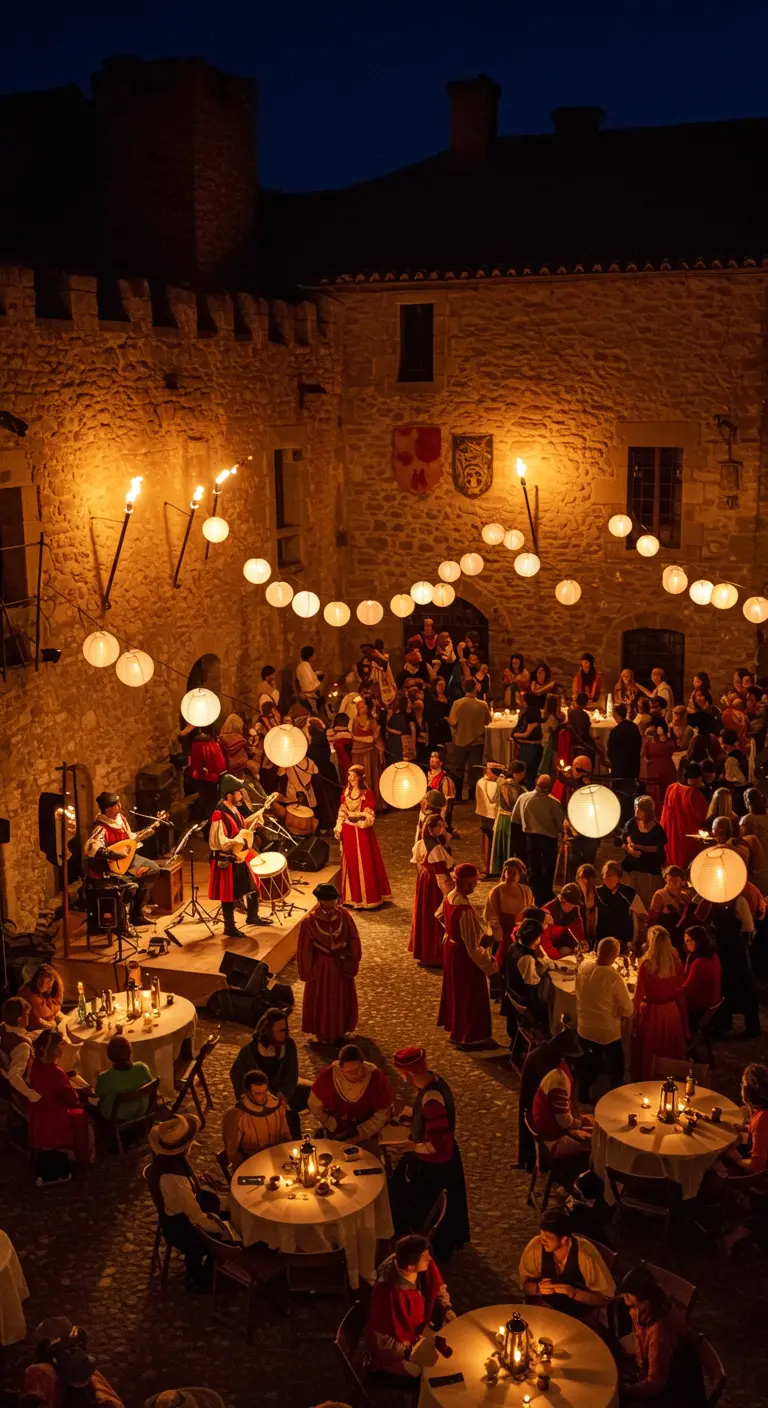 Fête nocturne dans une cour de château illuminée par des torches et des lampions.