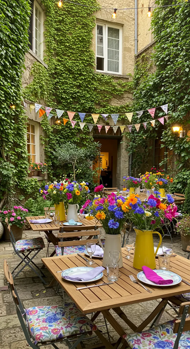 Tables dans une cour avec pichets de bouquets de fleurs multicolores.